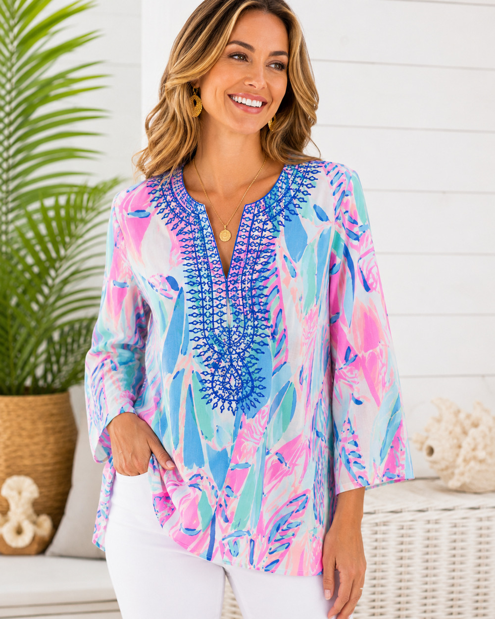 Lilly Pulitzer Amelia Island Silk Tunic Top size S Pink Blue Abstract 3/4 Sleeve
